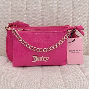 NEW Juicy Couture Hot Pink Debossed Logo Double Pouch Crossbody Bag Rhinestone‎